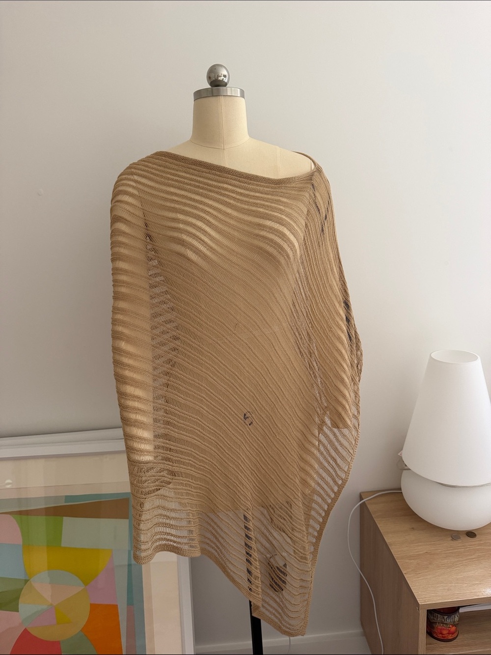 Massimo Dutti Camel Open-Knit Off-the-Shoulder Sweater Poncho